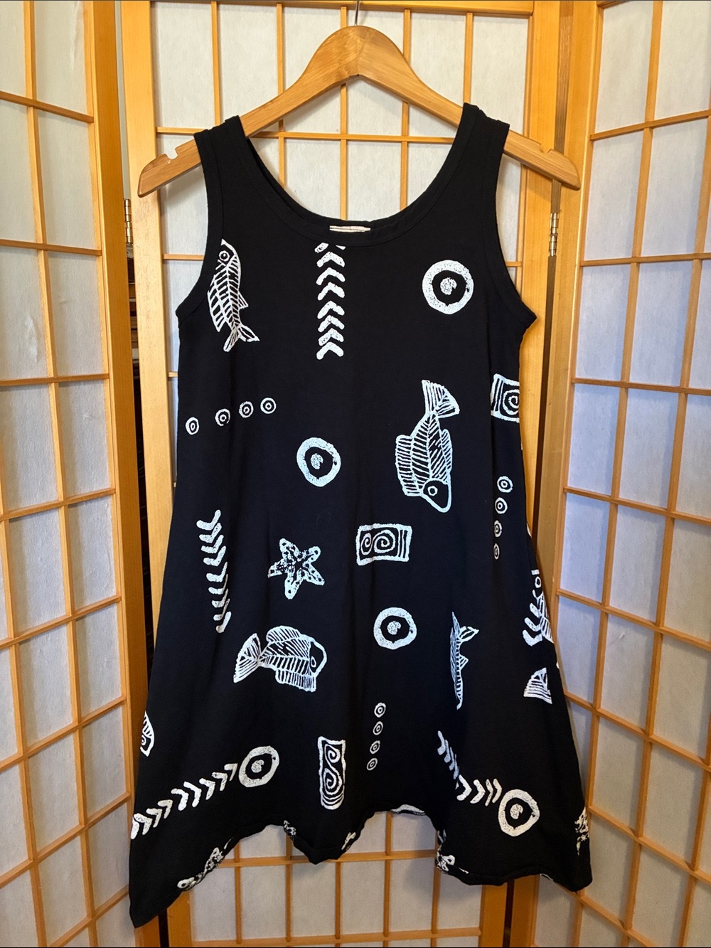 Black Sleeveless Sun & Beach Dress with White Fish Print